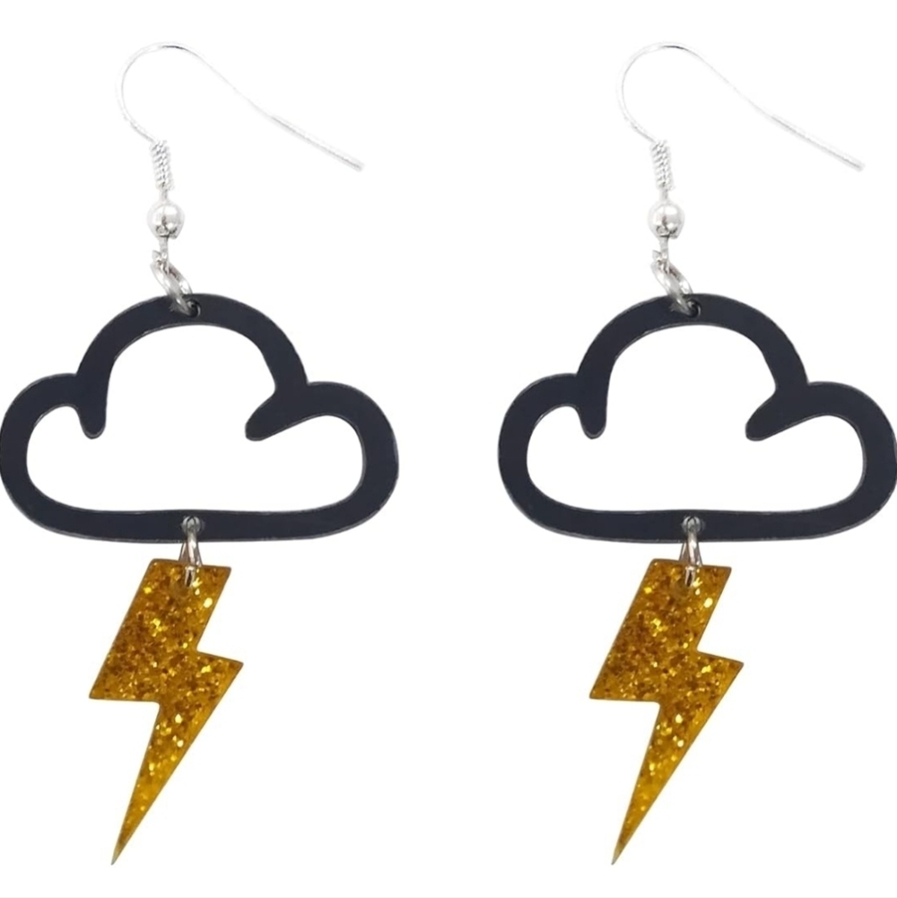 Women’s Jewelry Black Cloud Dangle Earrings with Sparkley Gold Lightning Bolt